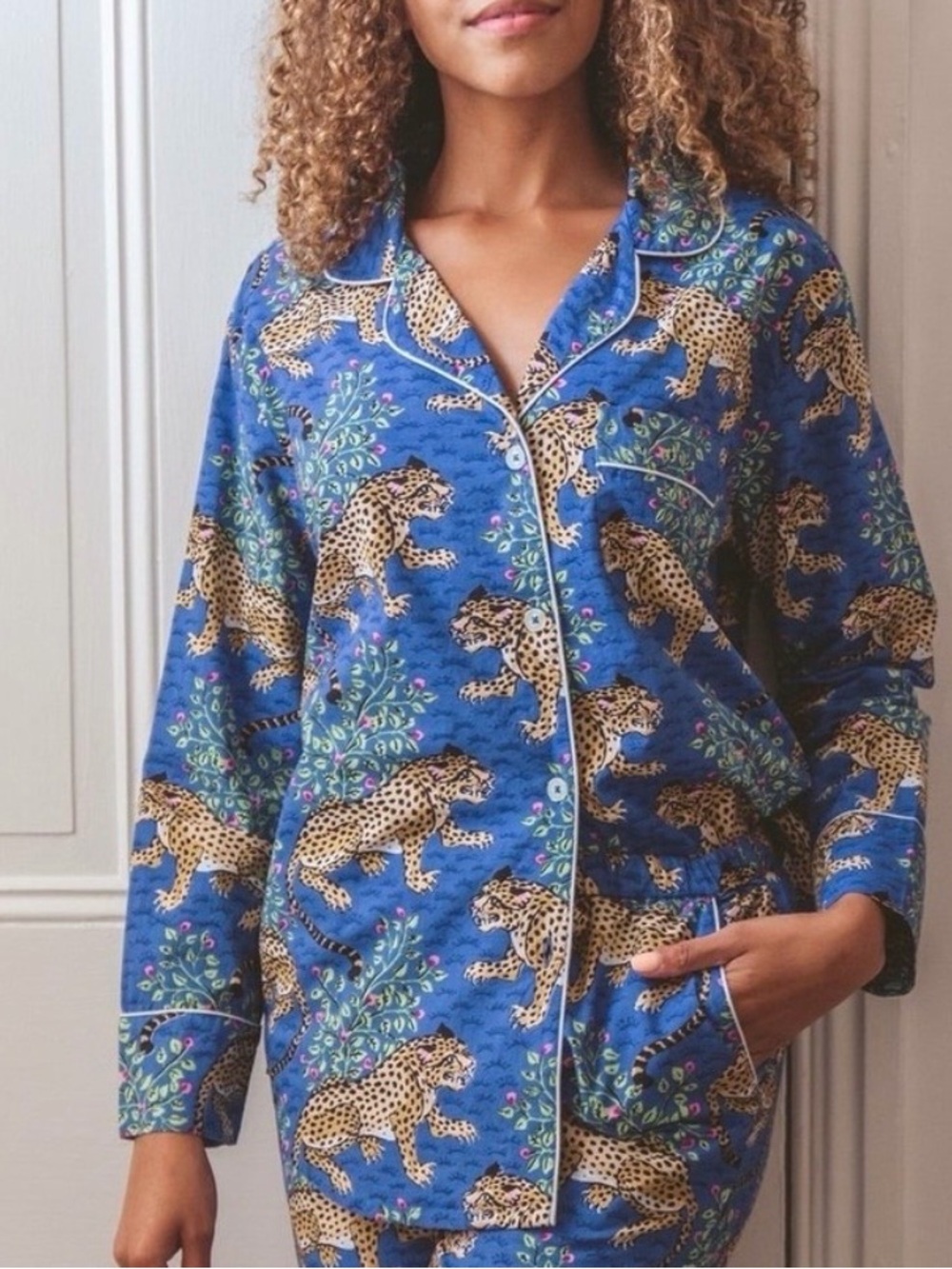 Printfresh Bagheera Long Sleep Pajama Top in Blue Leopard Cotton medium - Picture 2 of 10